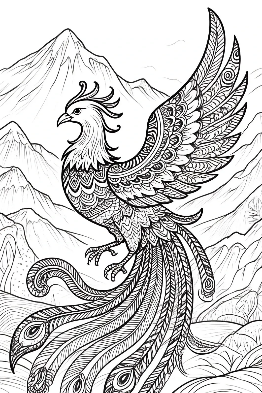 Intricate phoenix-style bird with mandala feathers soaring over a mountain landscape; black-and-white line-art coloring page from a printable coloring page. Ideal for detailed coloring page, kids'