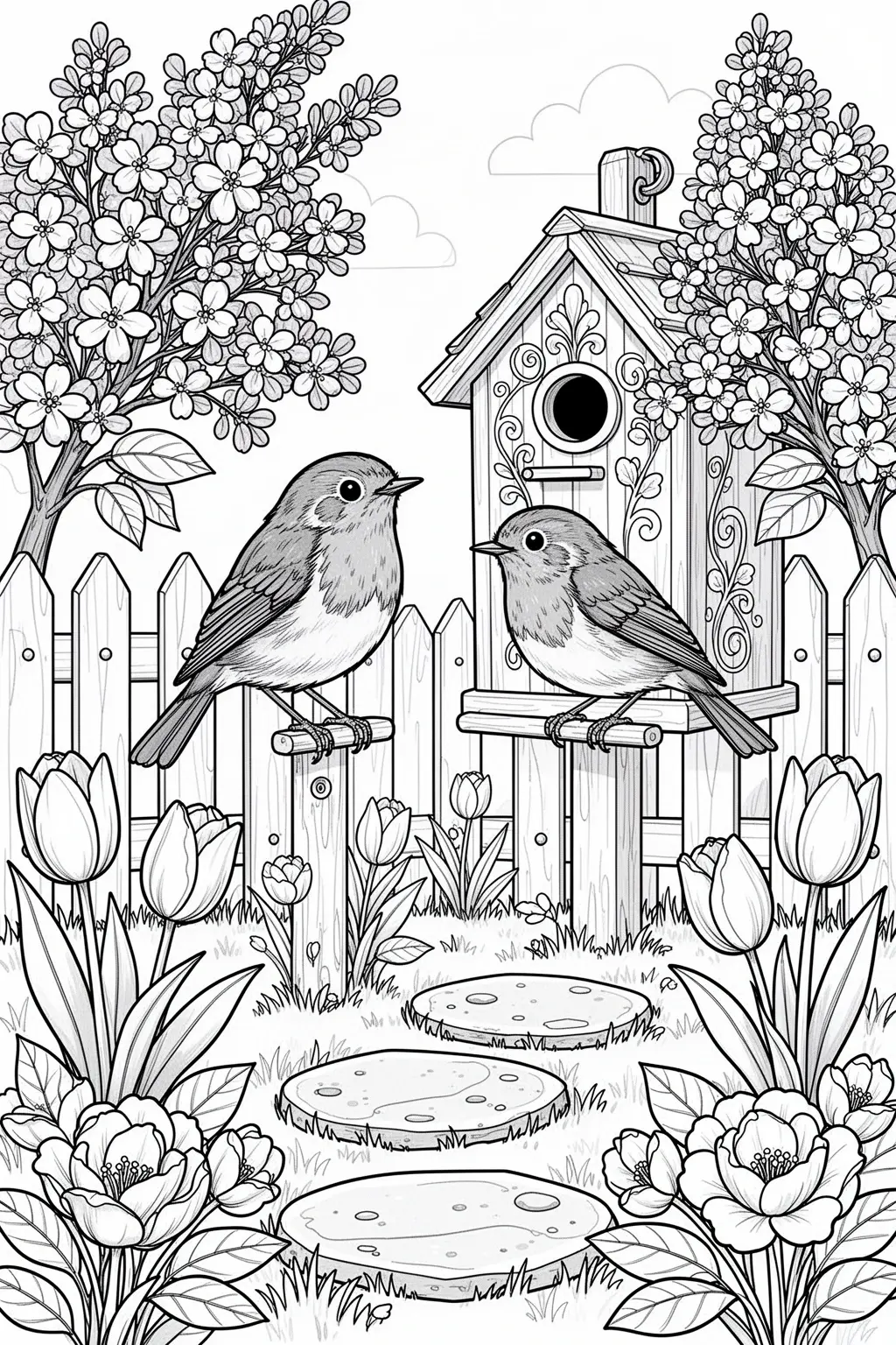 Detailed coloring page of a robin beside a birdhouse with tulips, lilacs, and garden details.