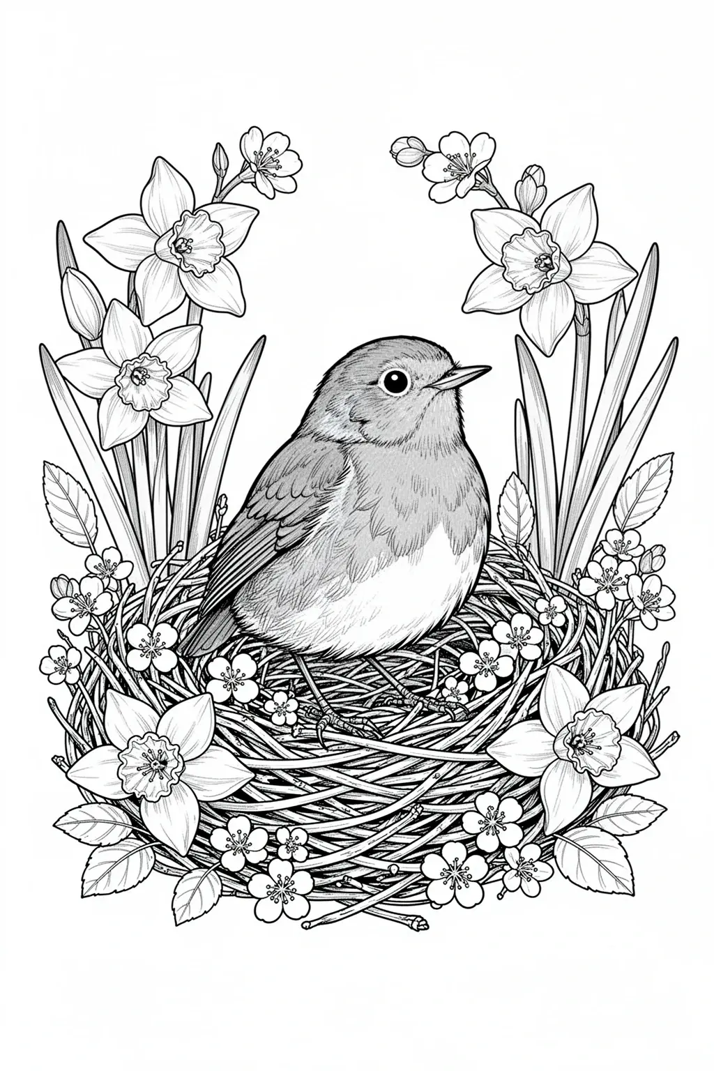 Black-and-white coloring page of robin nest coloring page.