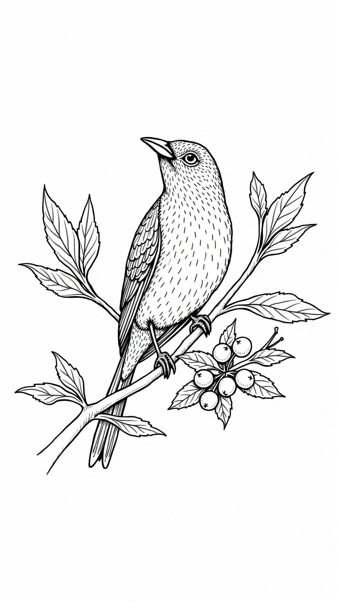 Black-and-white songbird line drawing on a branch with leaves and berries detailed coloring page, kids' coloring page, printable coloring page, coloring sheets, animal and spring theme.