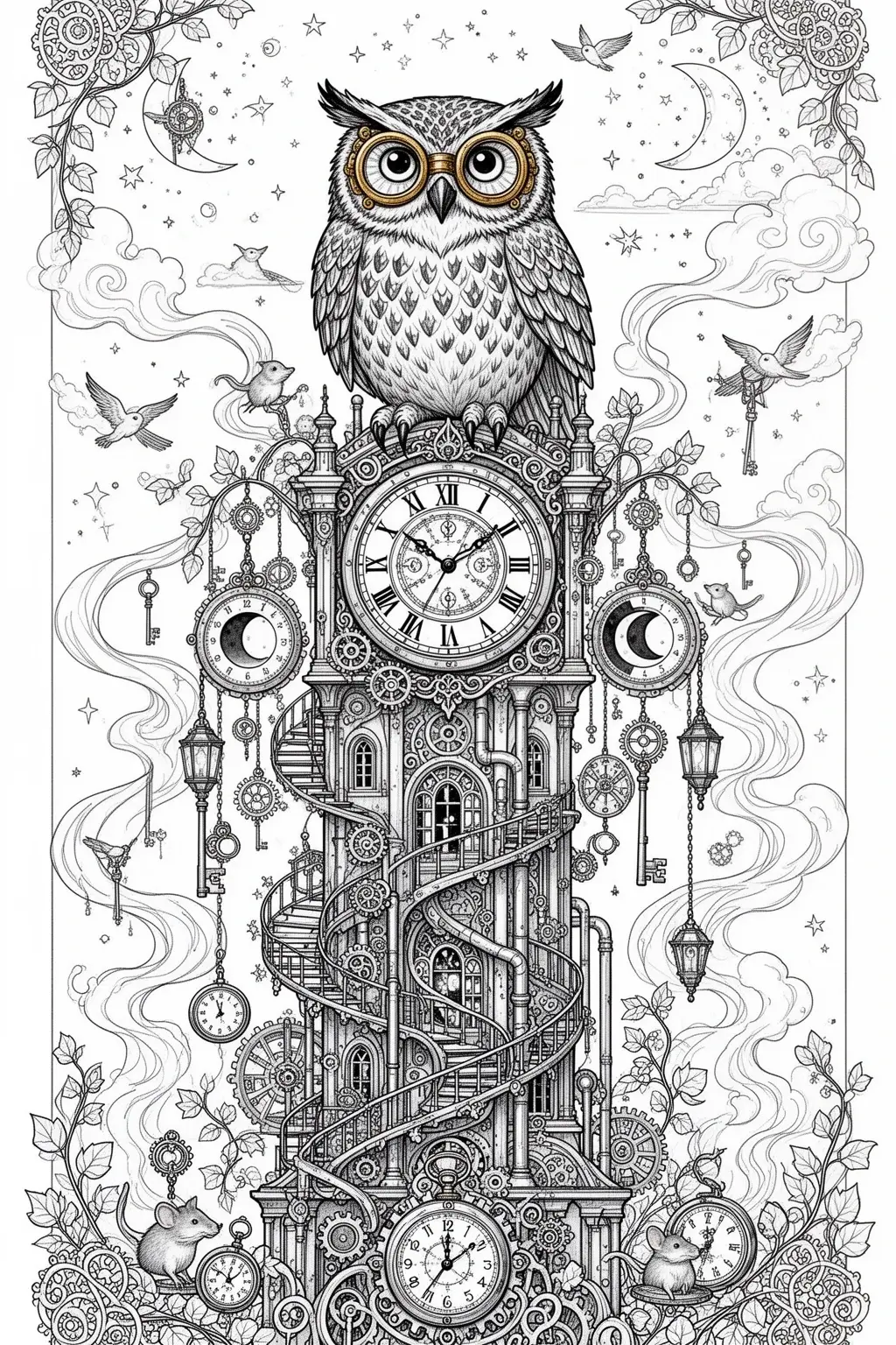 Steampunk Owl Clocktower coloring page | Magical Printable.