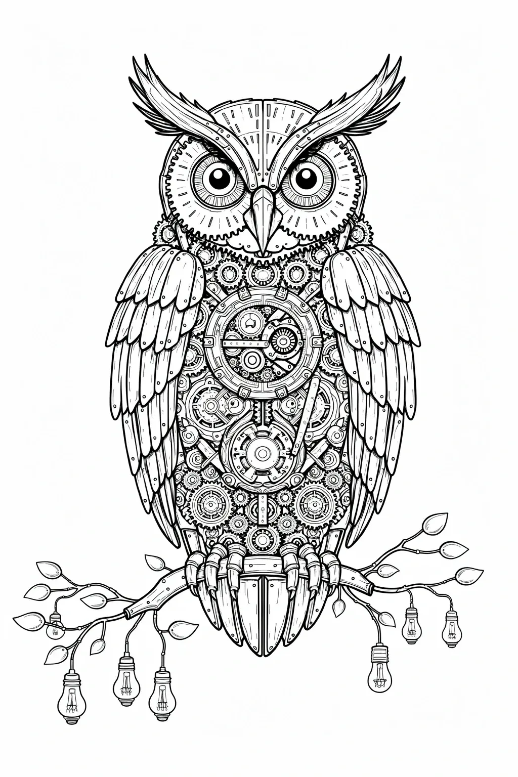 Intricate steampunk owl line art with gears and mandala details printable coloring sheets for kids' coloring page and detailed coloring page, perfect for a printable coloring page.