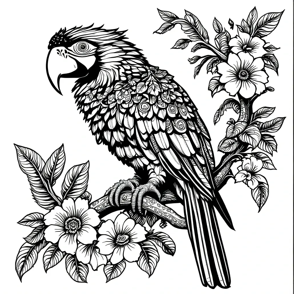Black-and-white highly detailed parrot perched on a branch with blooming flowers detailed coloring page, kids' coloring page, printable coloring page, coloring sheets, animal, spring, mandala.