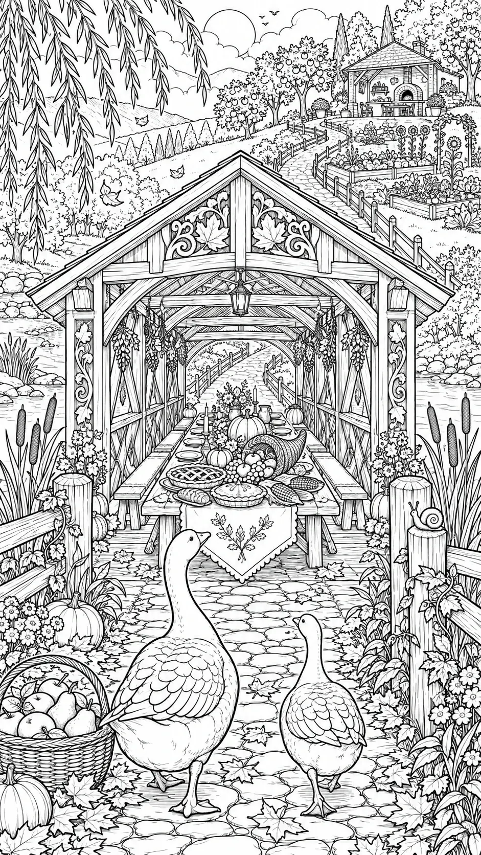 A black-and-white coloring page shows two geese on a stone path beneath a covered bridge, with a harvest table, pumpkins, and fall leaves.