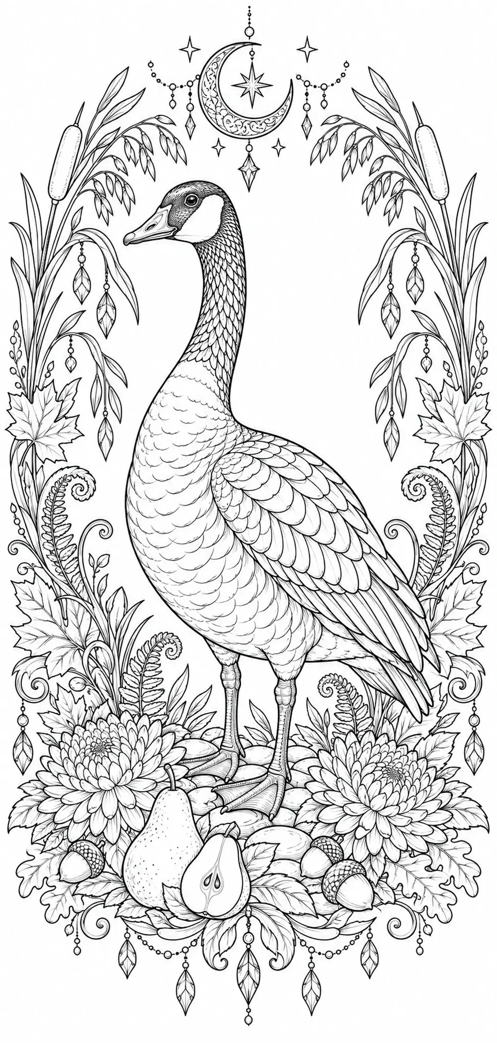 A detailed goose coloring page with flowers, pears, acorns, reeds, and hanging moon ornaments in a black-and-white decorative frame.