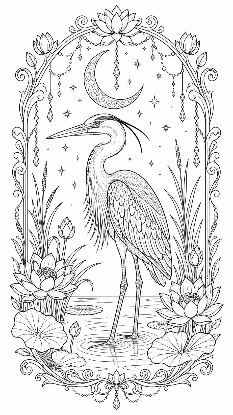 A great blue heron stands in a lotus pond beneath a crescent moon on this coloring page.