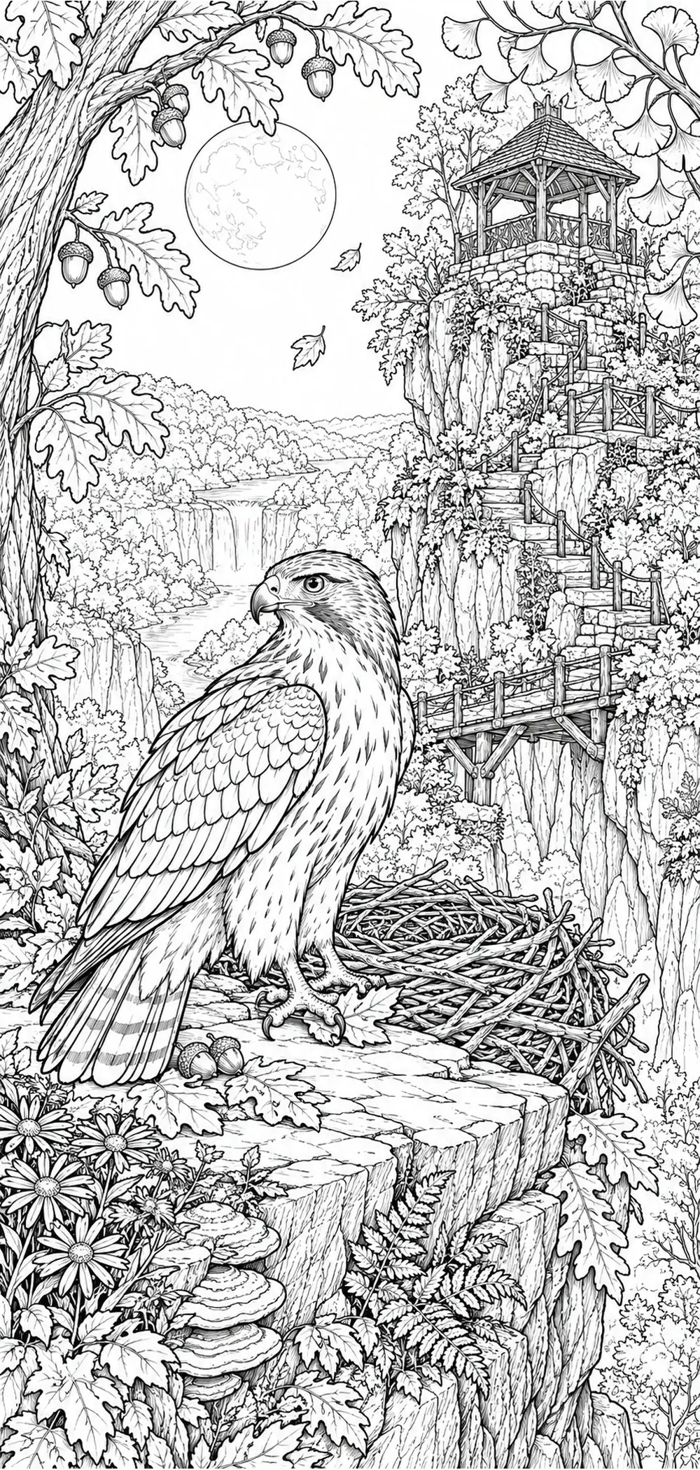 A hawk stands on a cliff ledge beside a twig nest in a detailed black-and-white coloring page with autumn leaves, a gazebo, and a waterfall view.