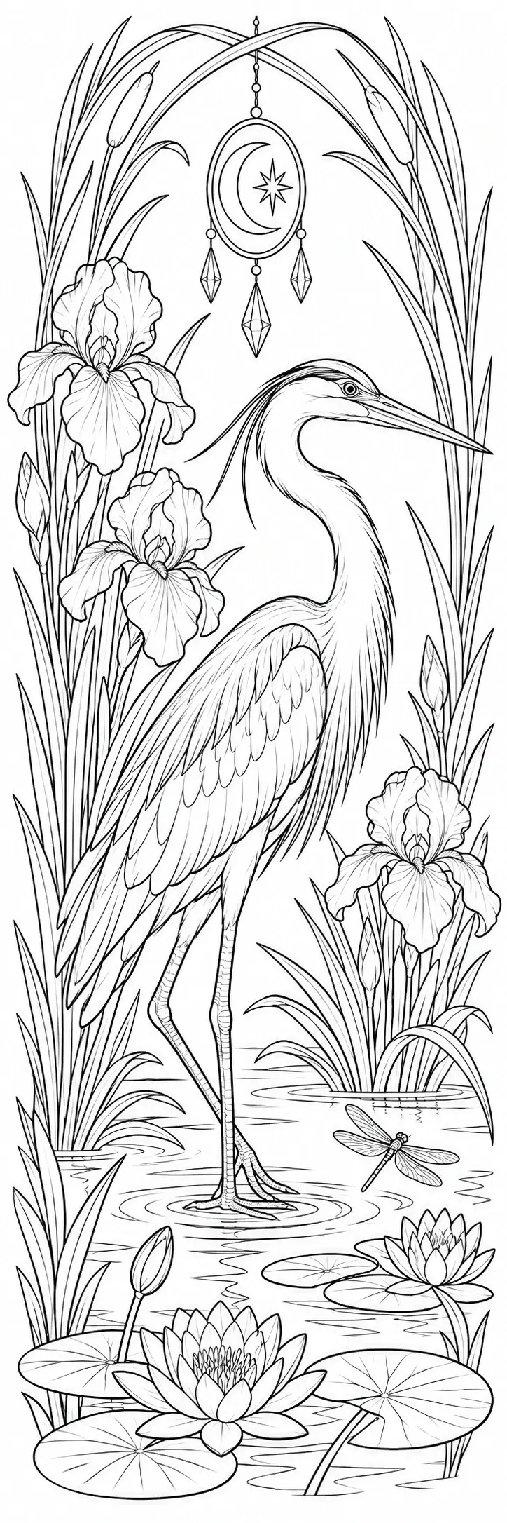 A heron stands in a wetland scene with iris flowers, reeds, water lilies, and a hanging moon ornament coloring page.