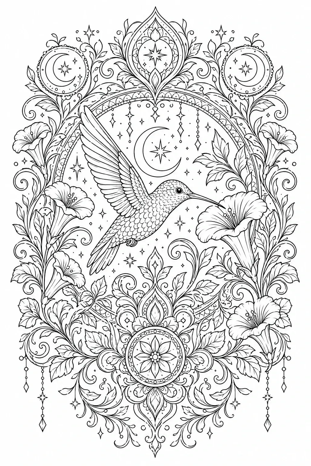 Black and white coloring page of detailed hummingbird surrounded by flowers, stars, and crescent moon ornaments in an intricate black and white design