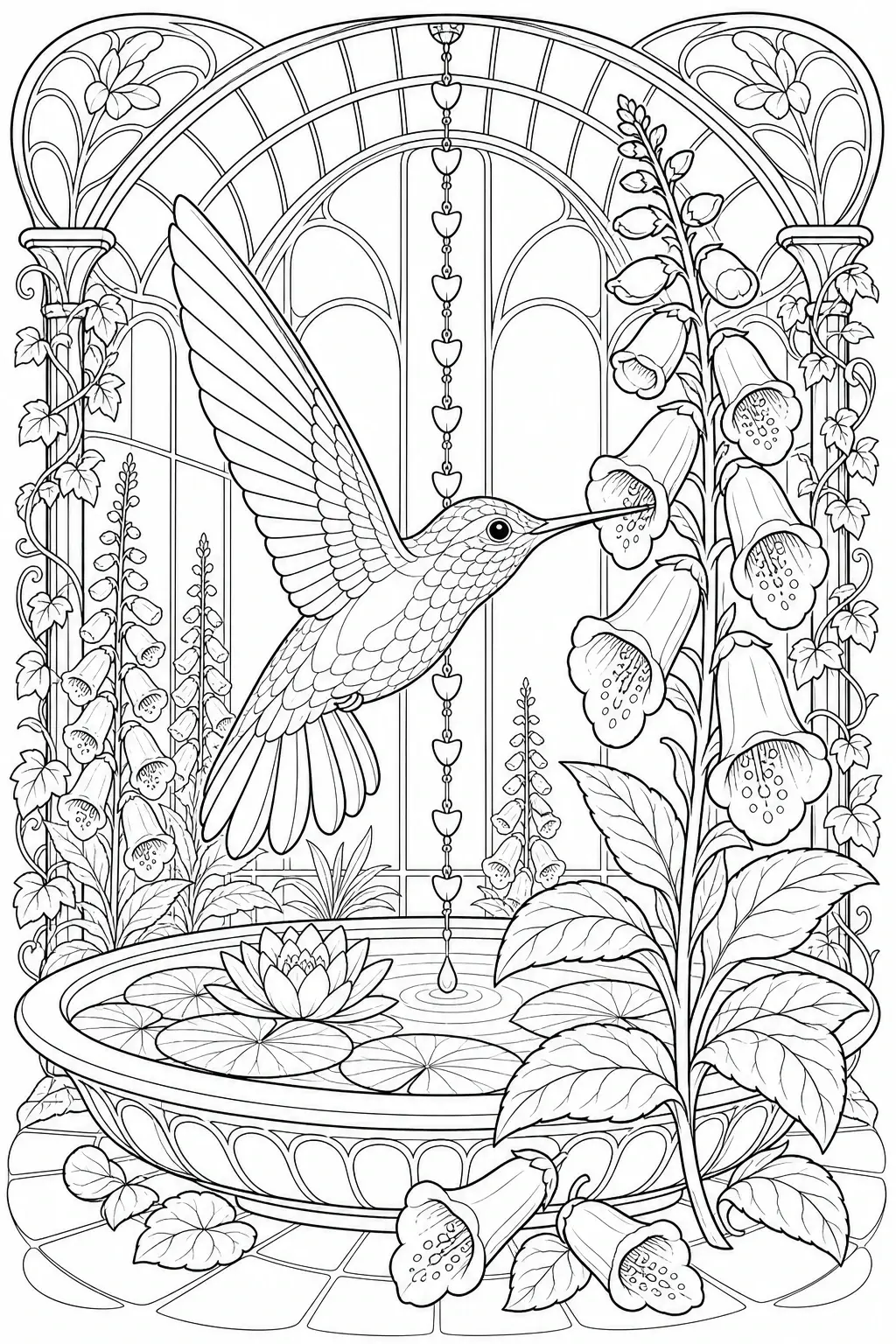 A hummingbird hovers by foxglove flowers in a conservatory coloring page with a fountain and hanging hearts.