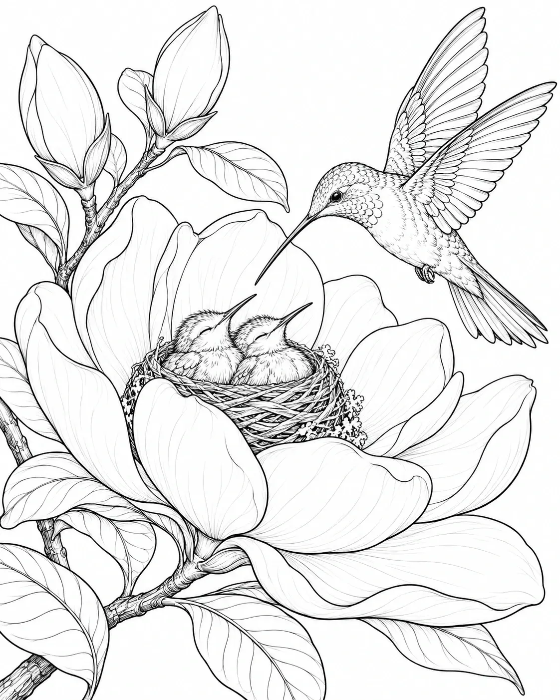 This coloring page shows a hummingbird hovering beside two chicks in a twig nest surrounded by magnolia blossoms and leaves.