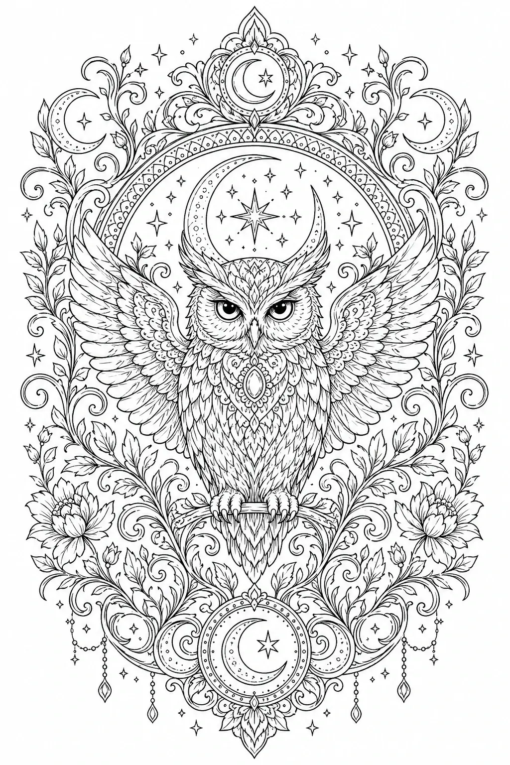 Black and white coloring page of intricate owl with spread wings surrounded by moons, stars, and floral ornamental designs