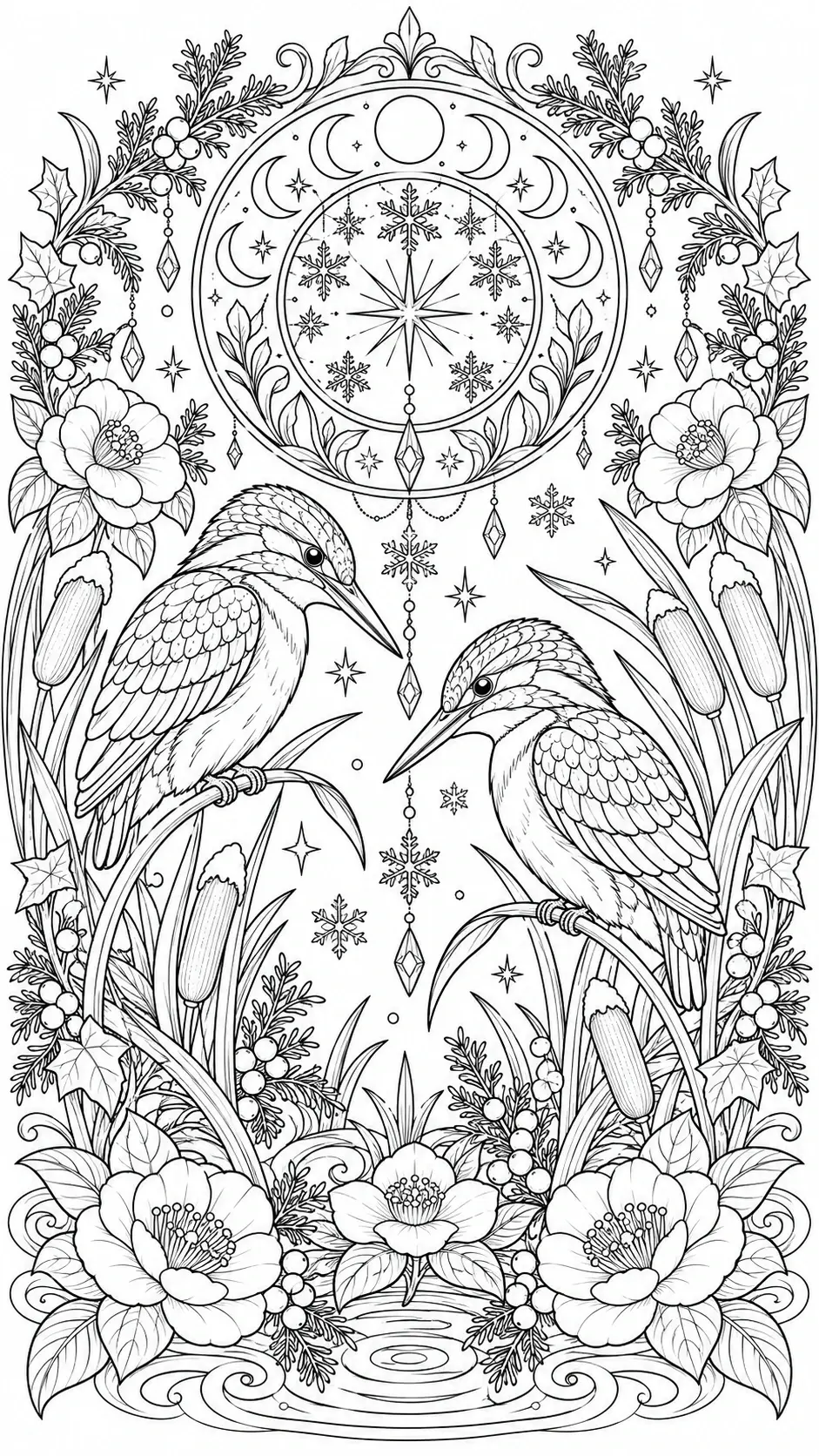 A black-and-white coloring page showing two kingfishers perched among flowers, snowflakes, and a moon motif.