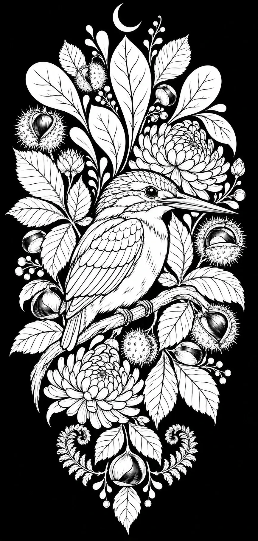 A long-beaked bird perches among detailed leaves, flowers, spiky chestnut husks, and a crescent moon in this black-and-white coloring page.