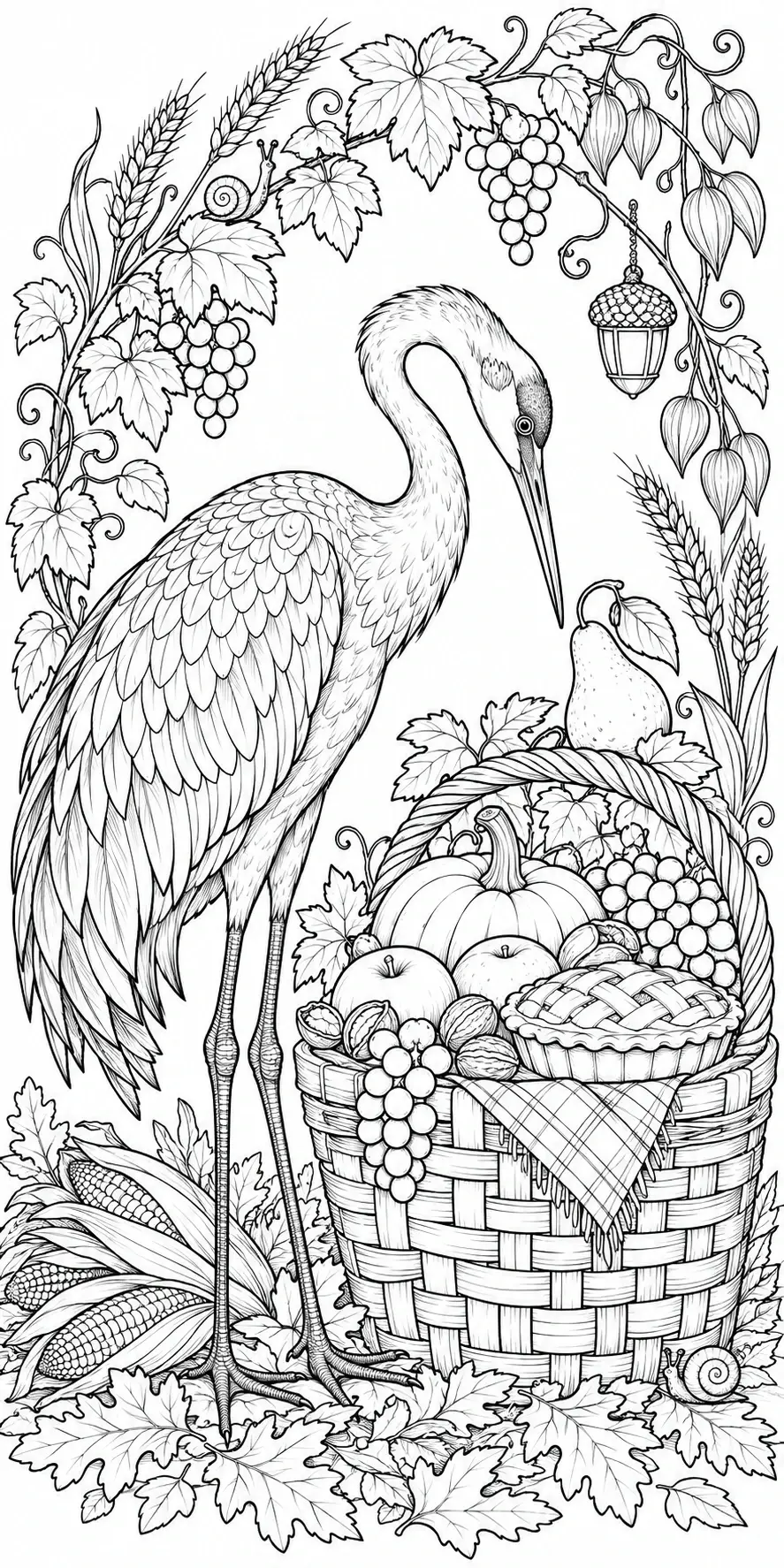 A detailed black-and-white coloring page shows a long-legged bird beside a woven basket filled with a pumpkin, fruit, and pie, surrounded by autumn leaves and corn.