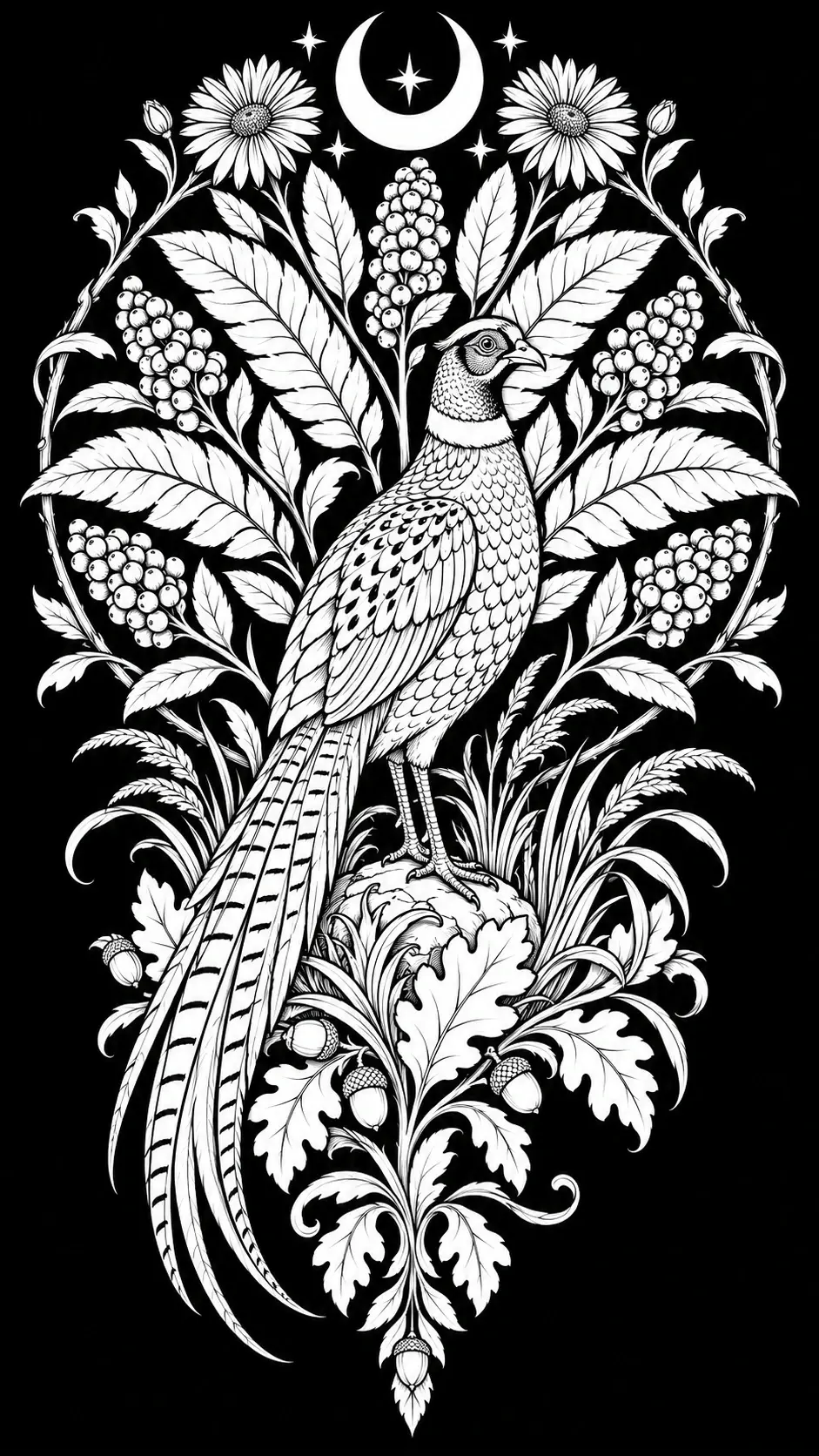 A detailed black-and-white coloring page shows one long-tailed bird among leaves, flowers, berry clusters, acorns, and a crescent moon with stars.