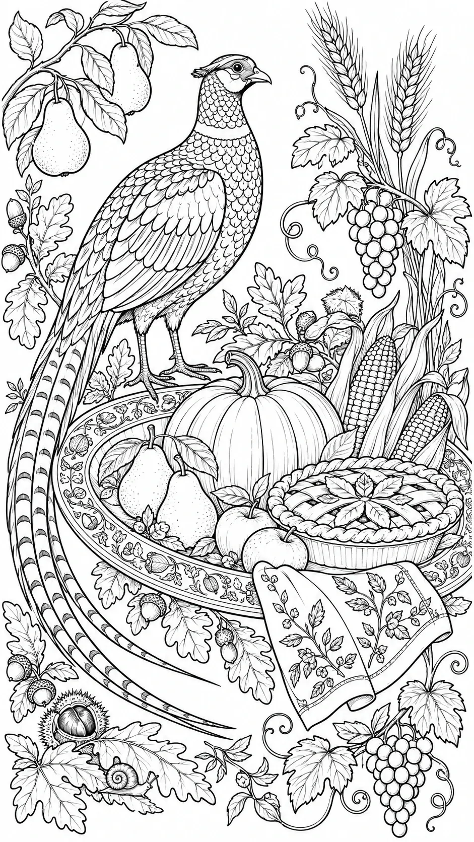 A detailed black-and-white coloring page shows a long-tailed bird beside pumpkin pie, corn, grapes, pears, and autumn leaves.
