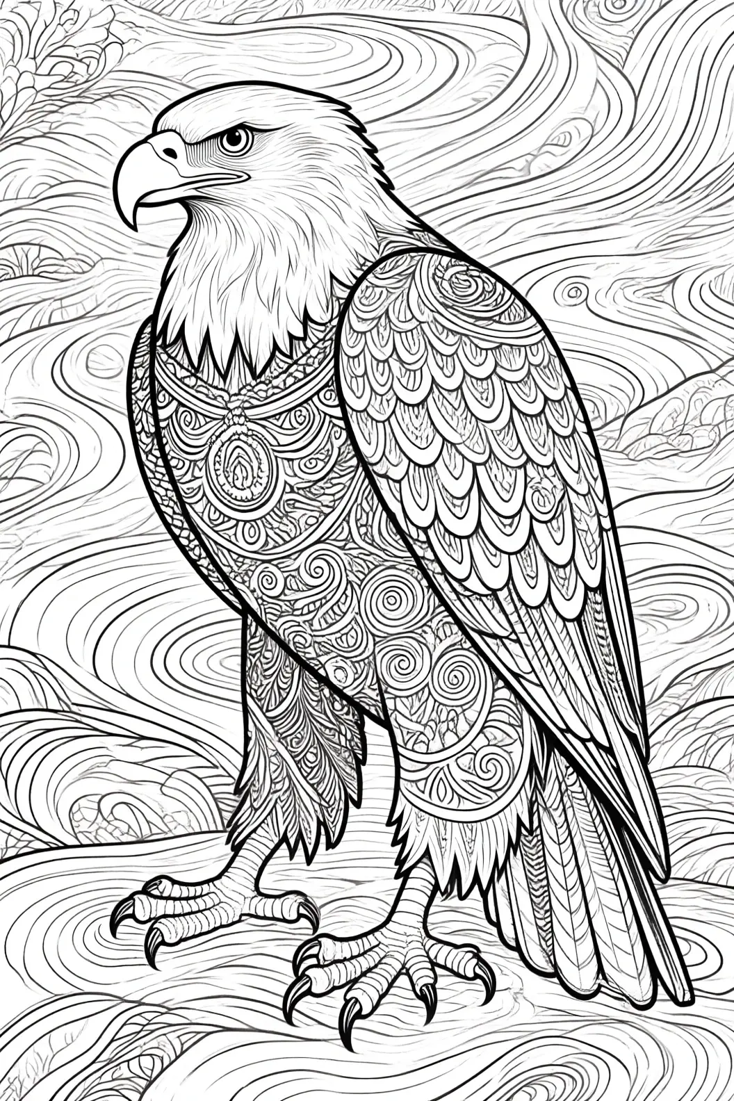 Intricate line-art of an animal an eagle standing proudly with mandala-style feather patterns; ideal for detailed coloring page, kids' coloring page, printable coloring page collections, and single