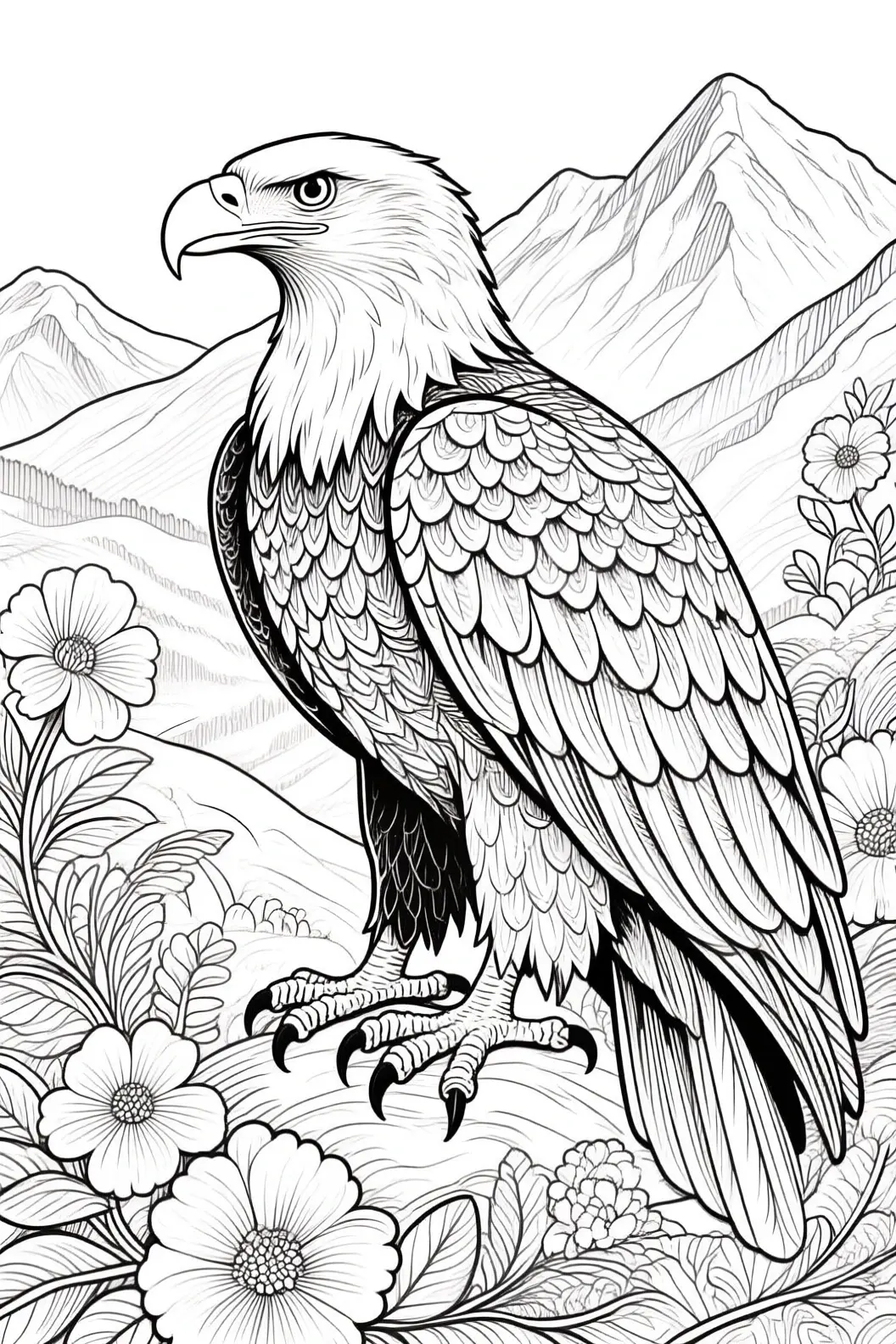Black-and-white line art of a majestic eagle perched among mountains and flowers; ideal for detailed coloring page and kids' coloring page. printable coloring page style coloring sheets with animal