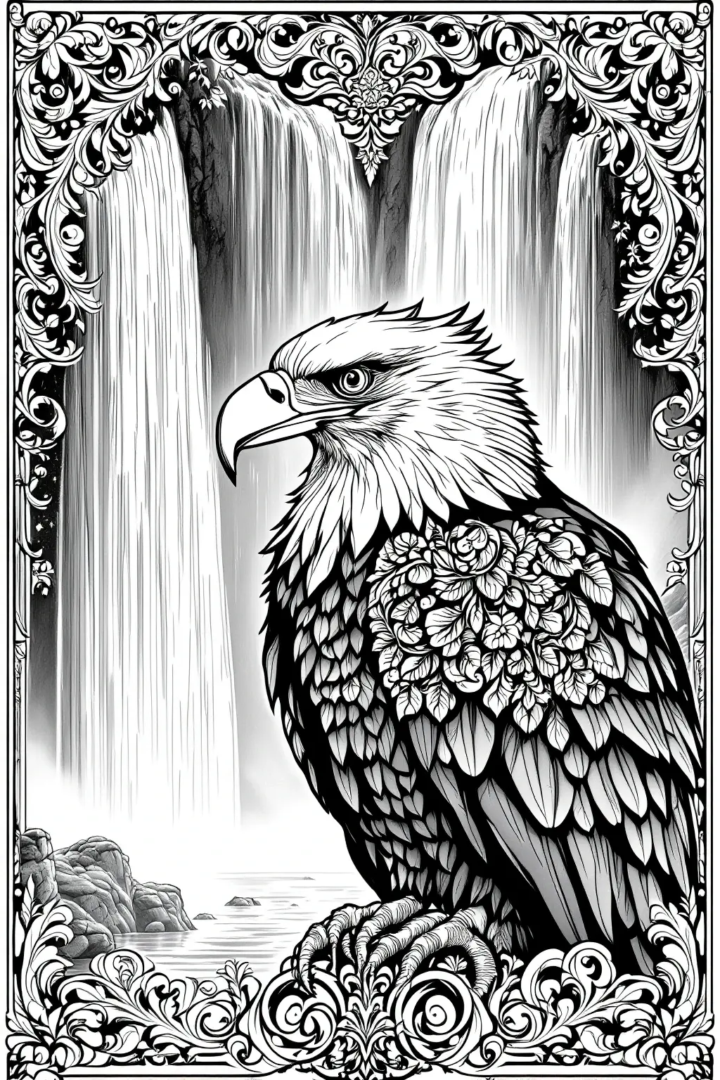 Intricate black-and-white eagle with floral feathers and ornate mandala-inspired border in front of tall waterfalls; animal-themed printable coloring page. Works for detailed coloring page for adults