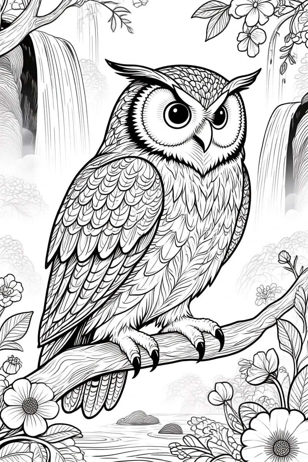 Black-and-white owl perched on a branch with flowers and waterfalls; intricate, mandala-style feather patterns. Suitable for detailed coloring page, kids' coloring page, a printable coloring page