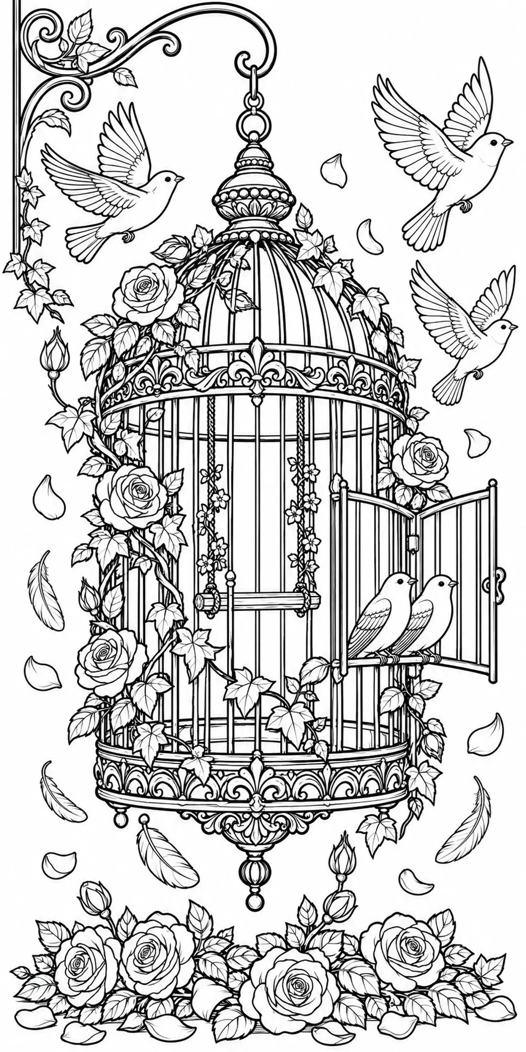 This detailed coloring page shows an ornate birdcage surrounded by roses and leafy vines, with birds flying nearby and perched inside.