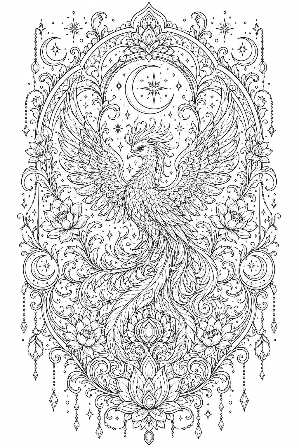 Black and white coloring page of intricate phoenix with outstretched wings, crescent moons, stars, and floral mandala decoration