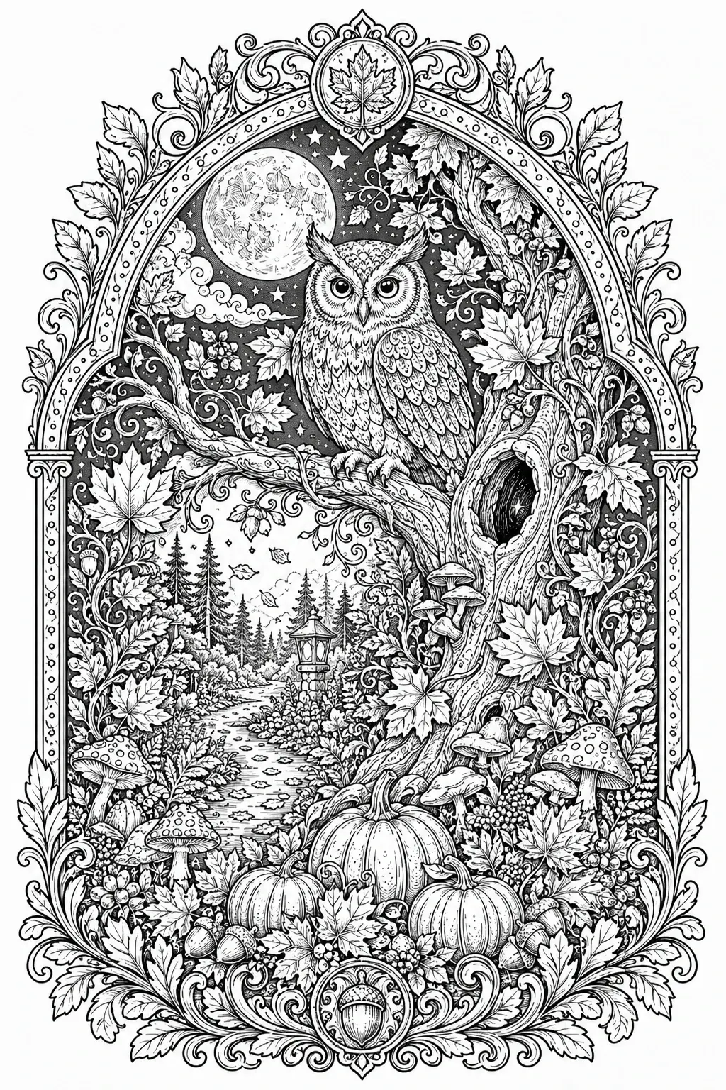 An owl sits on a tree branch in a detailed black-and-white coloring page with moon, autumn leaves, pumpkins, and mushrooms.
