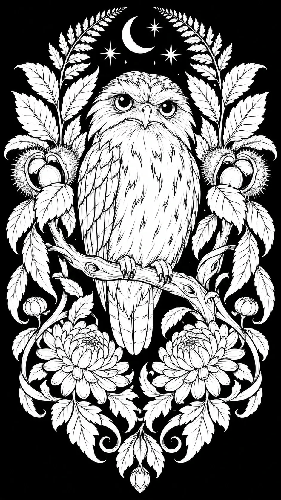 This detailed black-and-white coloring page shows a single owl perched on a branch, framed by flowers, leaves, a crescent moon, and stars.