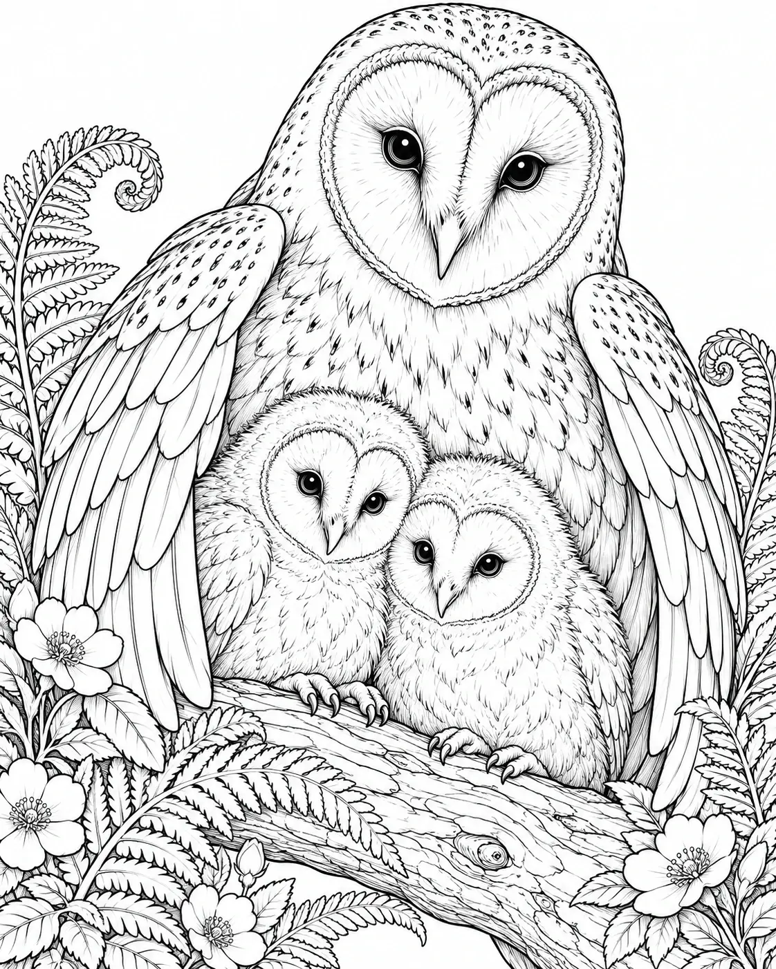This detailed coloring page shows an adult owl sheltering two chicks on a branch surrounded by ferns and flowers.