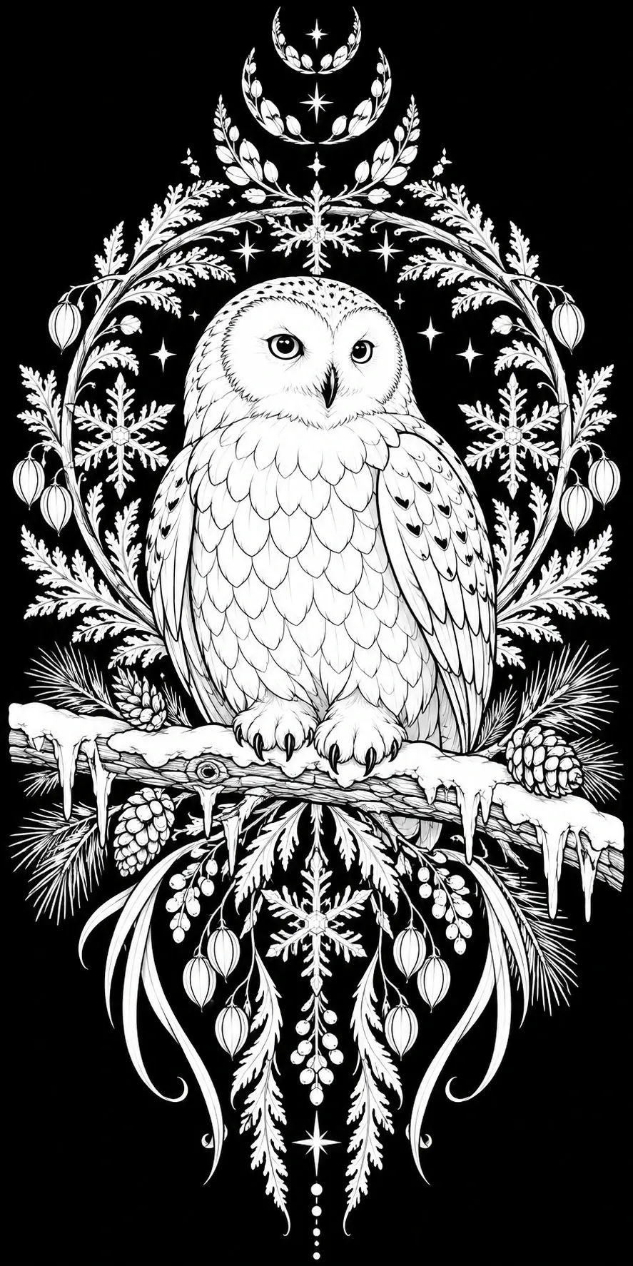 A detailed black-and-white coloring page shows one owl perched on a snow-covered branch within a symmetrical frame of foliage, pinecones, and snowflakes.