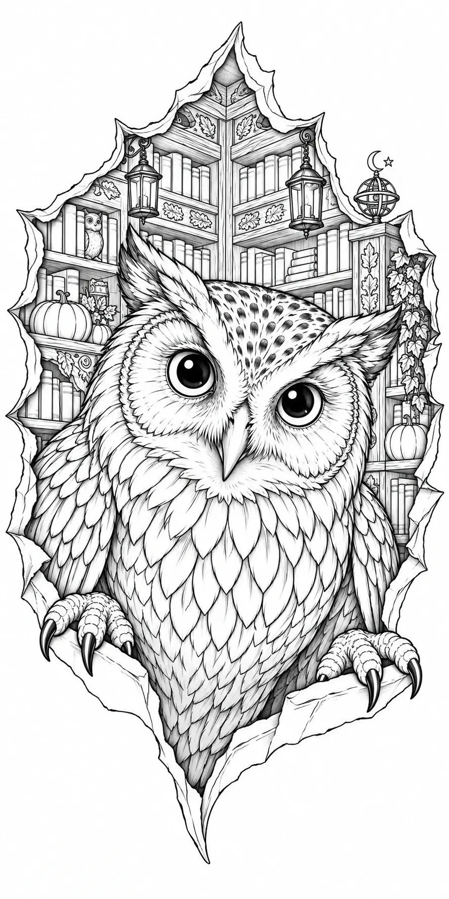 A detailed owl coloring page shows a big-eyed owl in front of bookshelves with pumpkins, lanterns, and fall leaves in black-and-white.