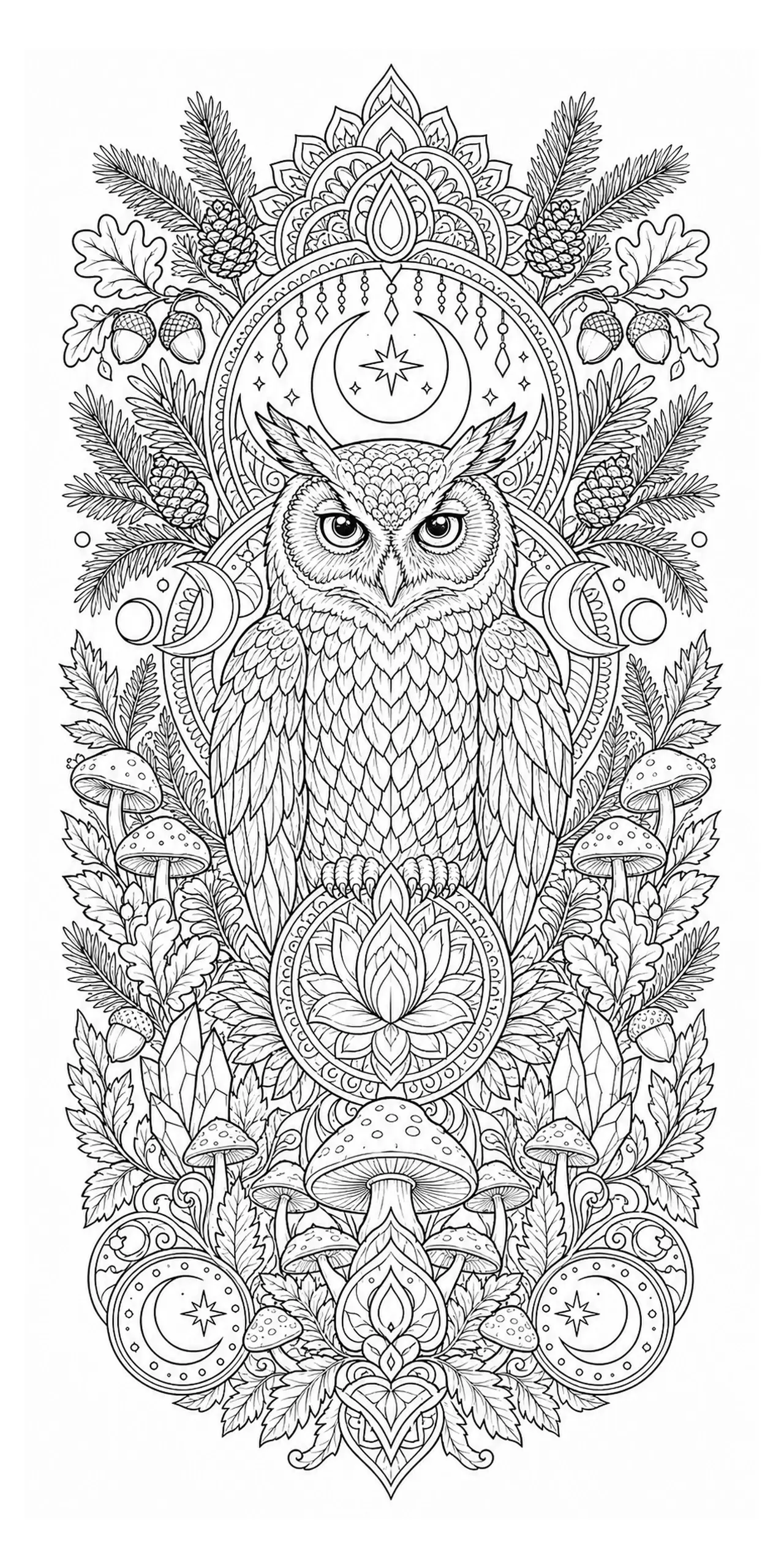 Intricate owl mandala coloring page with moon phases, mushrooms, leaves, and forest details.