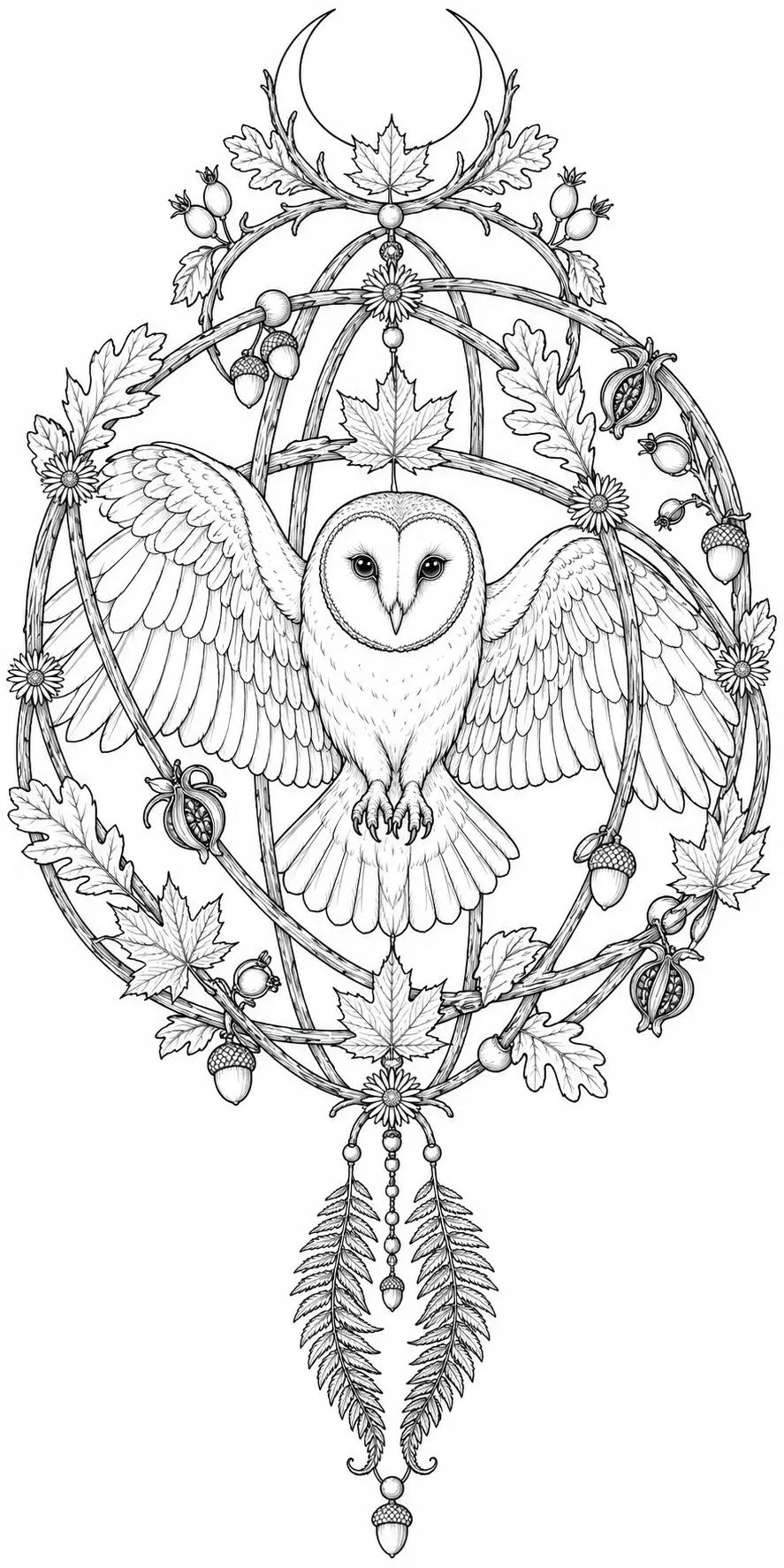 A detailed black-and-white coloring page shows an owl with outstretched wings inside a leafy frame of maple leaves, acorns, flowers, and hanging feathers.