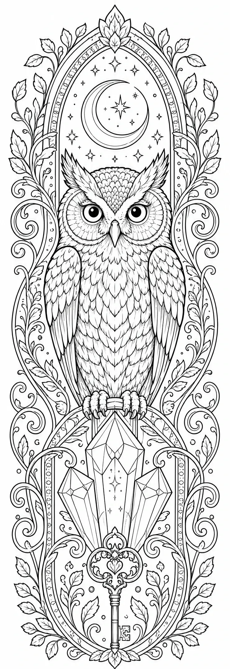 An owl coloring page with a crescent moon, stars, and crystals inside an ornate leafy frame.