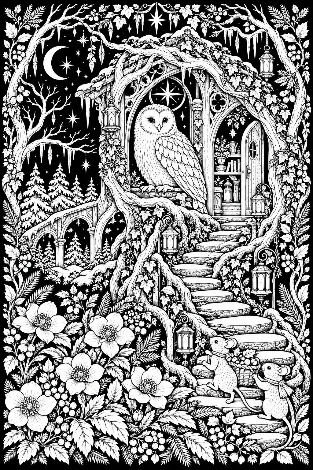 An owl sits in a treehouse window among moonlit branches, lanterns, stars, and two mice on a coloring page.