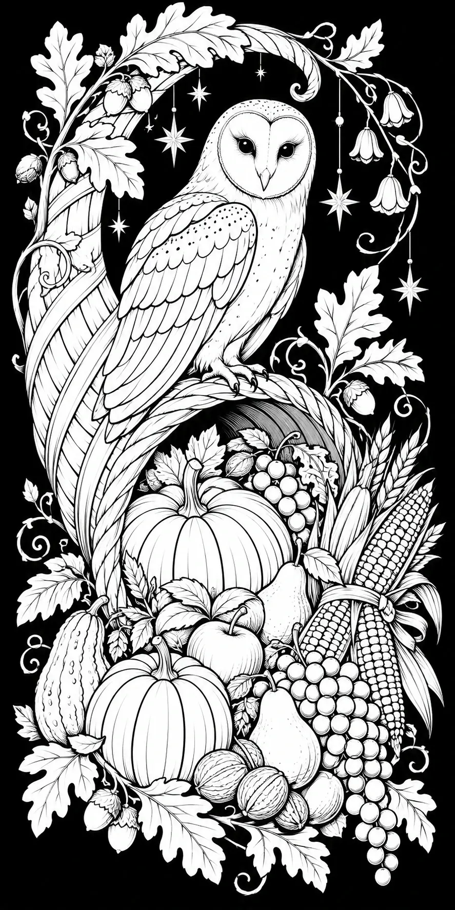 An owl perches among pumpkins, corn, grapes, nuts, leafy branches, and hanging star ornaments in this coloring page.