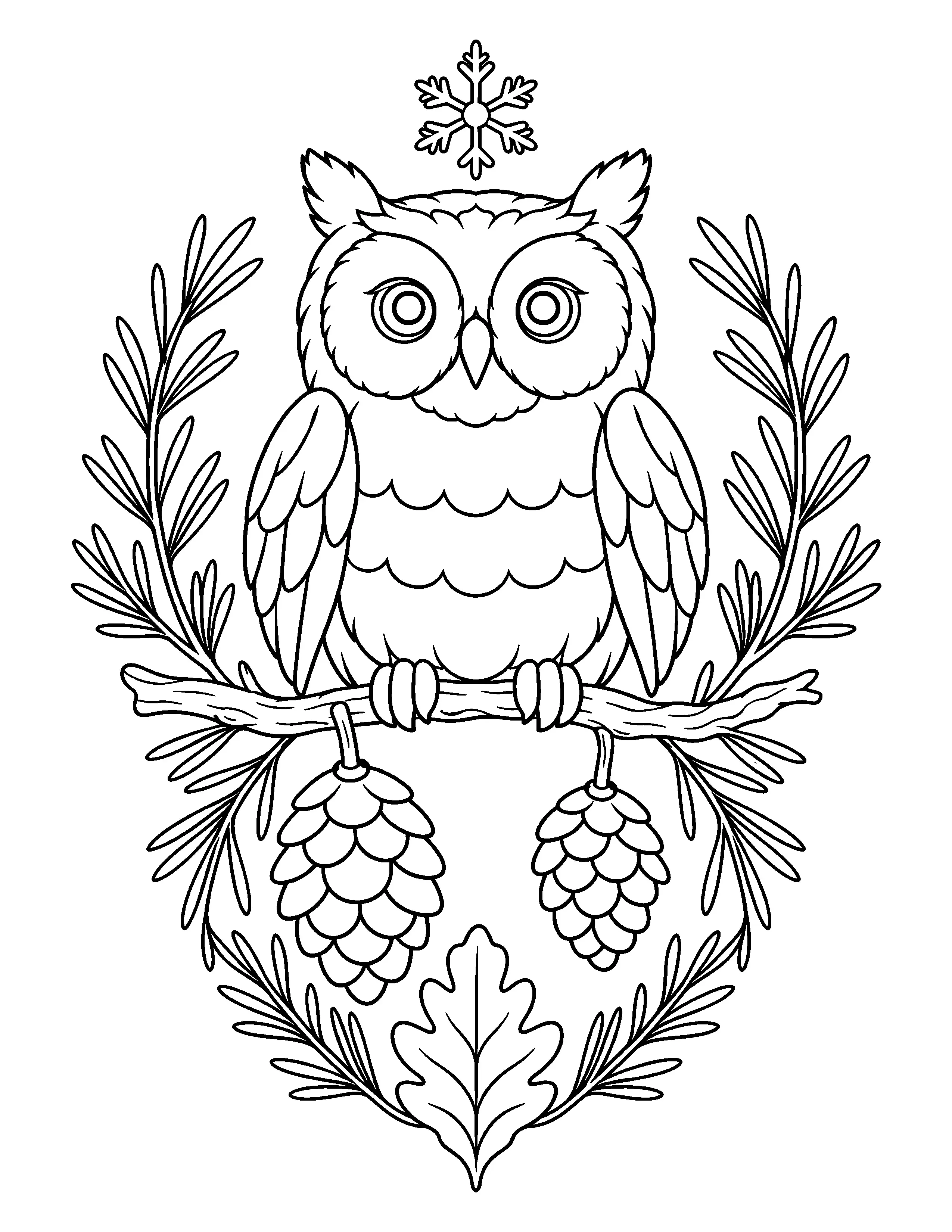 A wide-eyed owl sits on a branch among leafy sprigs and pinecones, with a snowflake above and an oak leaf below in this coloring page.