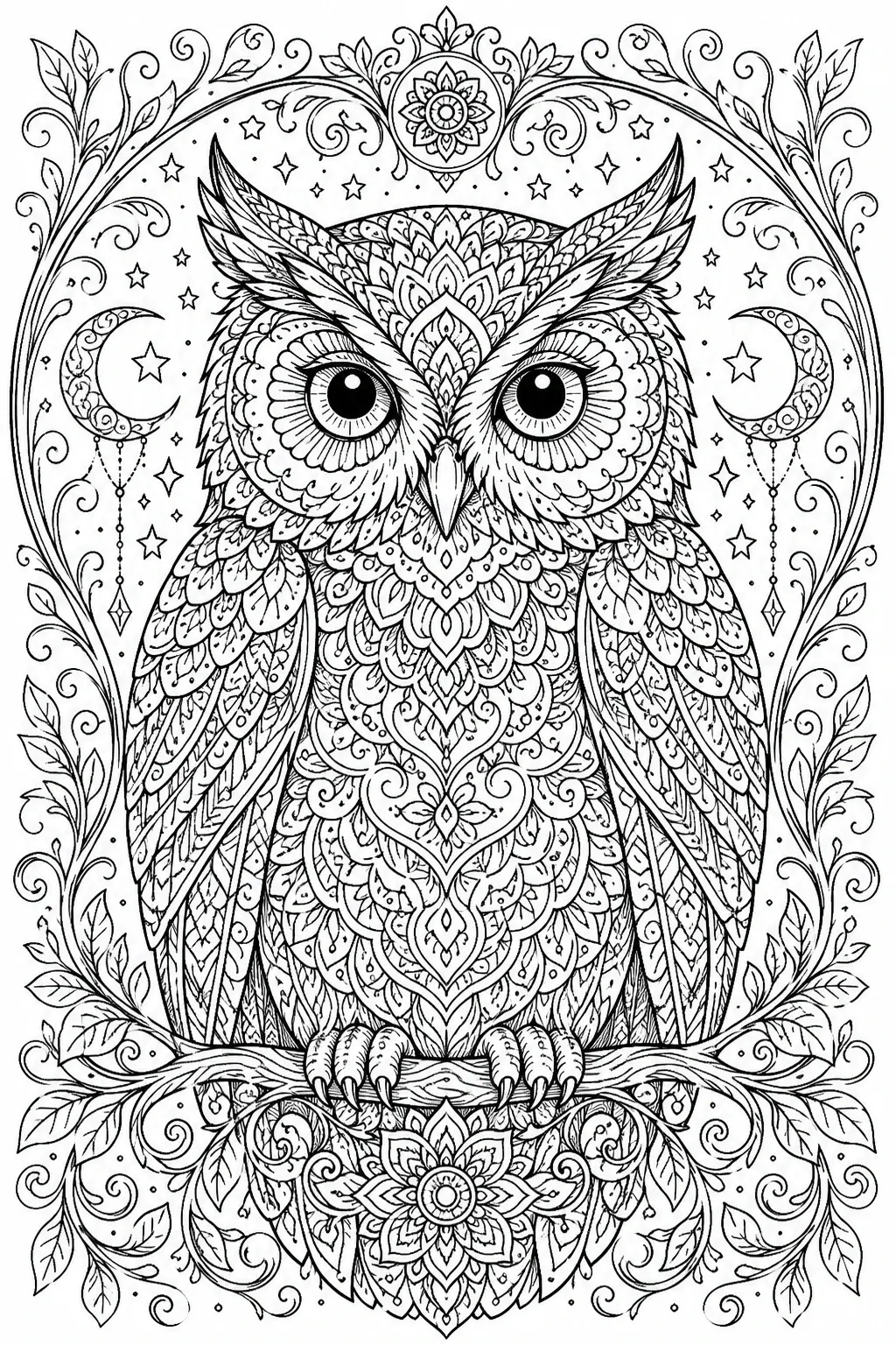 A detailed owl coloring page shows an owl with large eyes, stars, moons, and leafy ornamental borders in black-and-white.