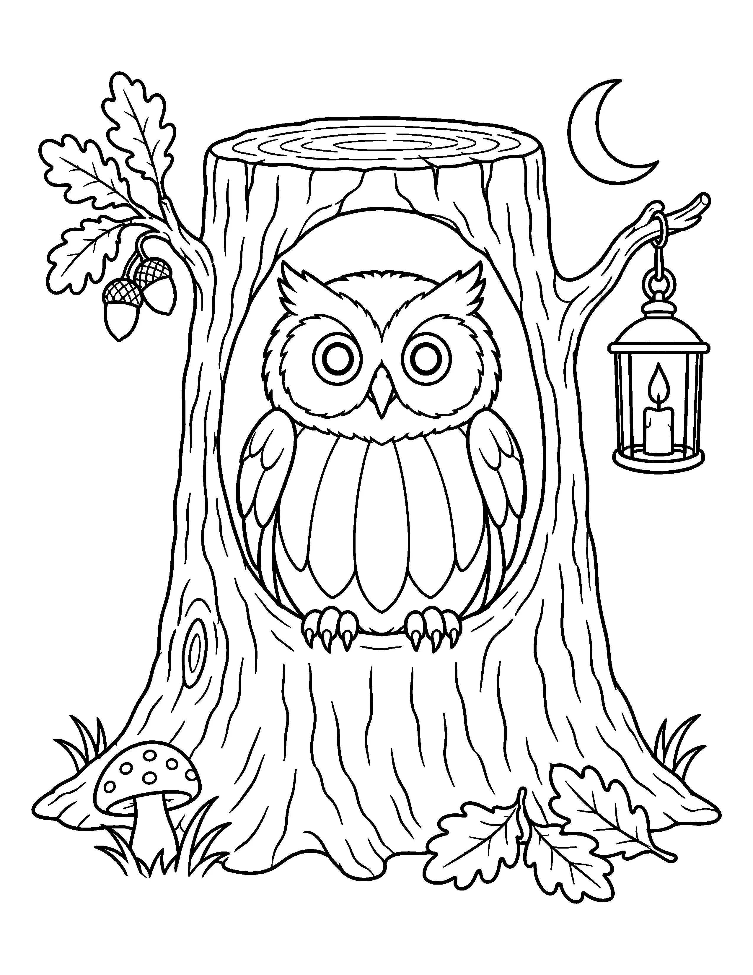 This coloring page shows a wide-eyed owl sitting inside a hollow tree, with a crescent moon, lantern, acorns, oak leaves, and a mushroom.