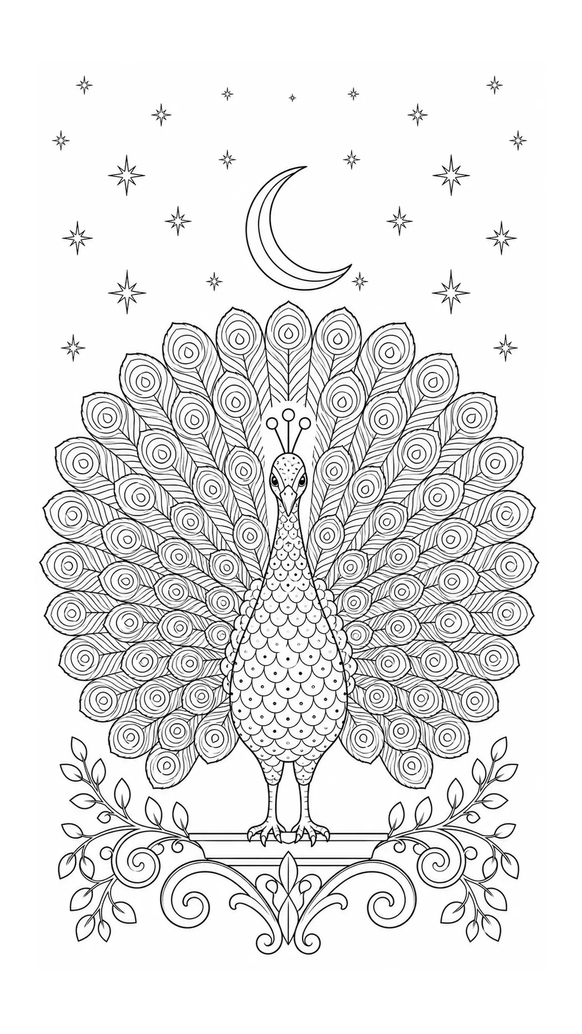 A detailed peacock coloring page with spread feathers, a crescent moon, stars, and ornamental swirls.