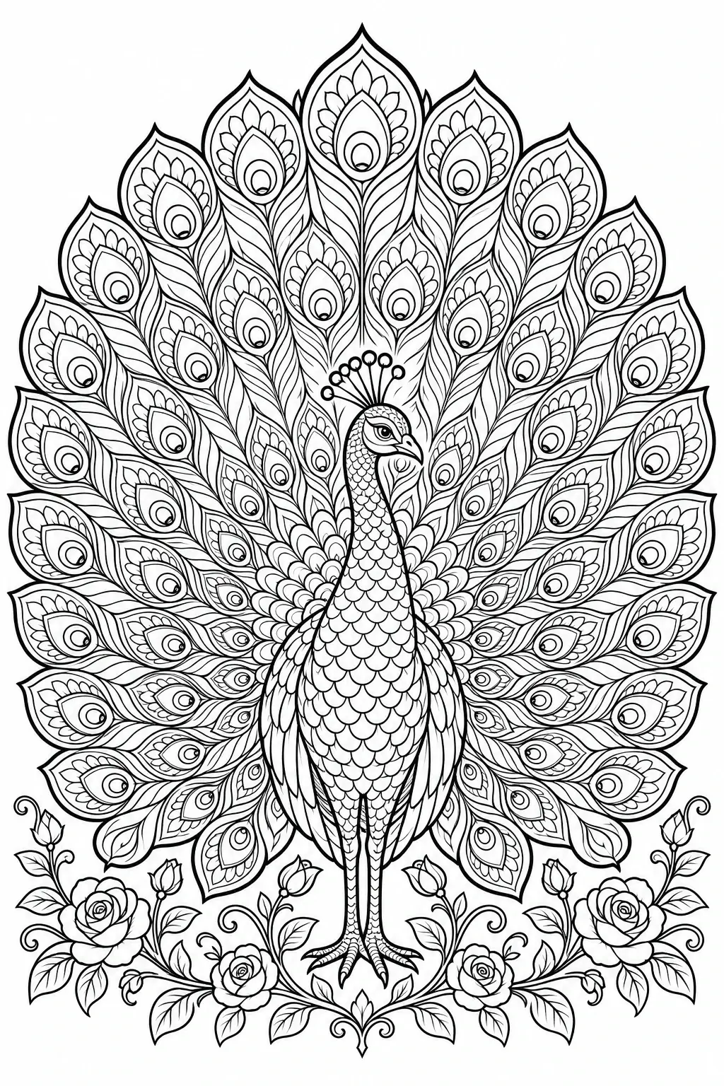This detailed peacock coloring page shows a bird with a wide fan of patterned feathers above decorative roses and leaves.