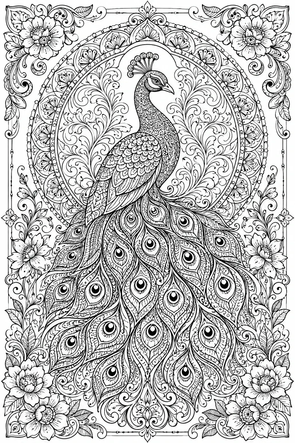 A detailed peacock coloring page with a floral mandala frame and ornate tail feathers.