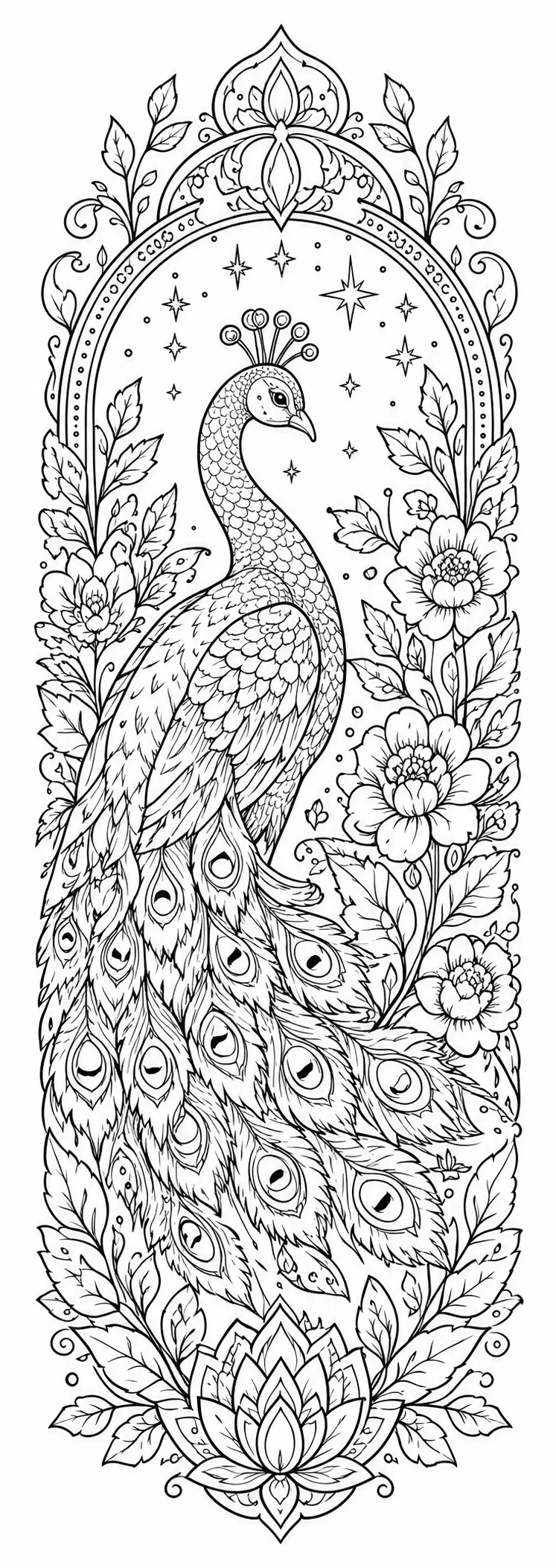 A detailed peacock coloring page with flowers, leaves, stars, and a mandala-style frame.