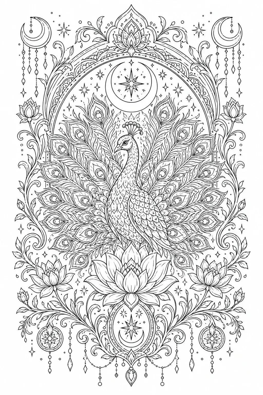 Intricate black-and-white coloring page of a peacock with a fan of feathers, lotus flowers, crescent moons, and decorative mandala-style ornaments.