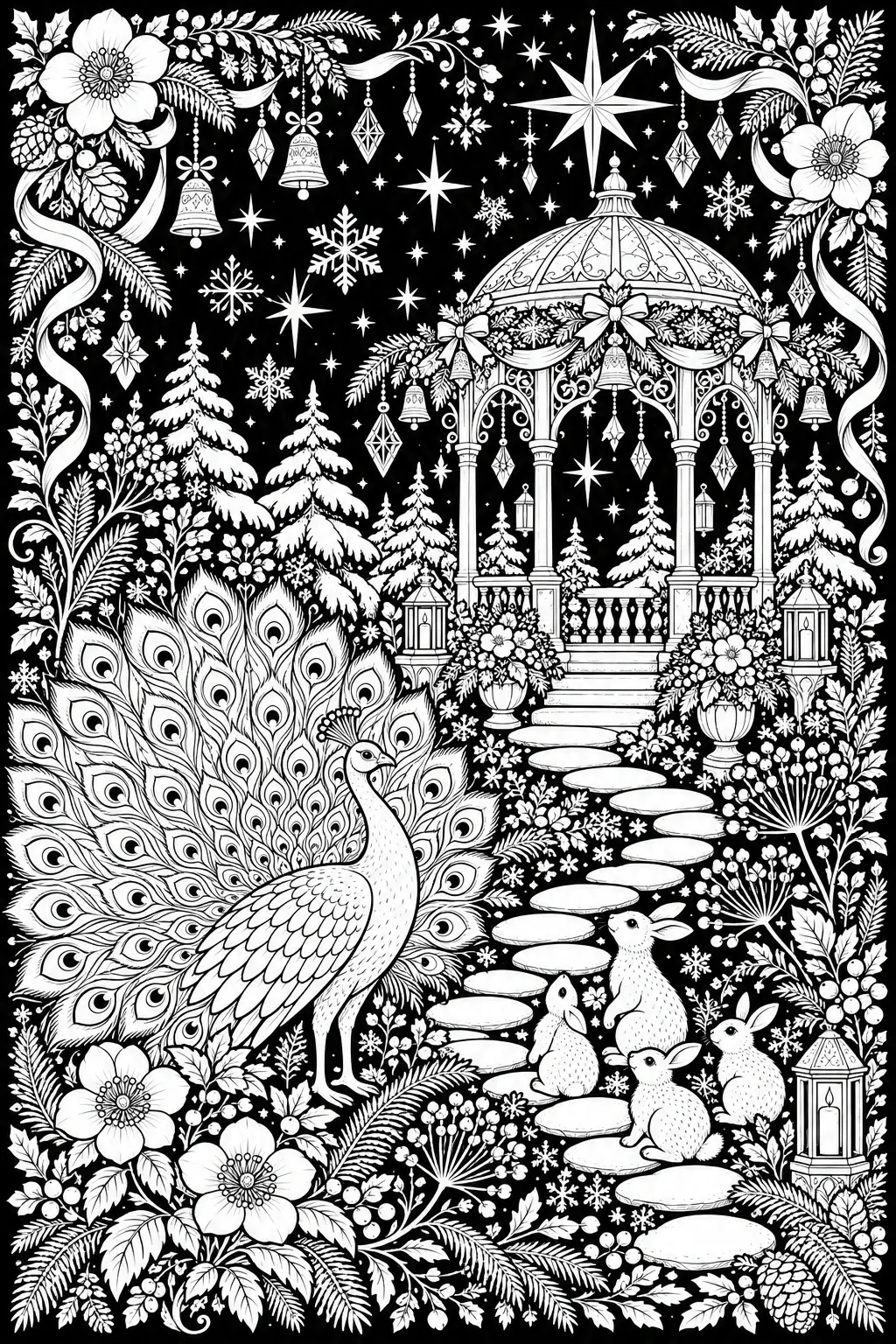 A black-and-white coloring page showing a peacock in a detailed garden scene with a gazebo, rabbits, stars, snowflakes, and flowers.
