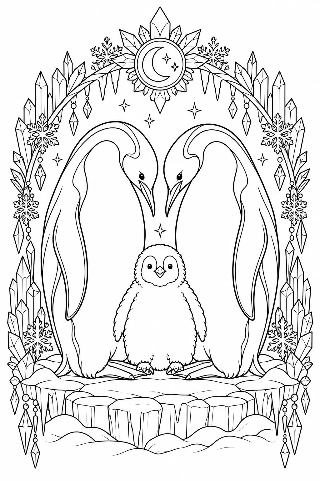 A black-and-white coloring page showing two parent penguins standing over a baby penguin in a winter frame of crystals and snowflakes.