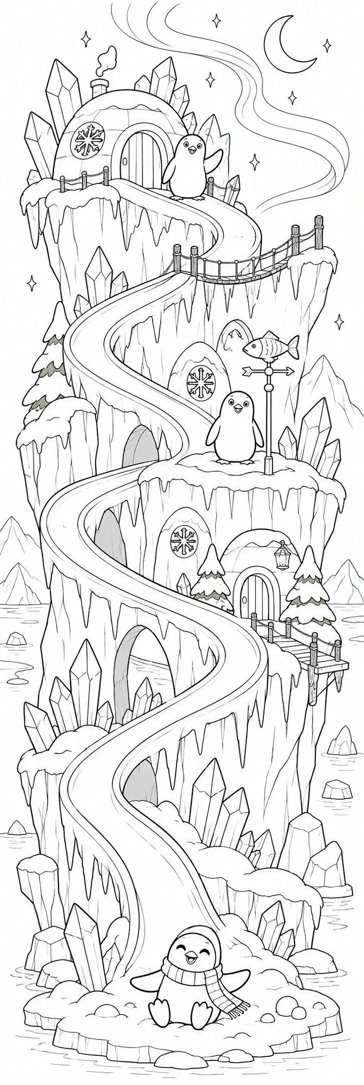 A coloring page shows a smiling penguin on a snowy icy cliff with an igloo, crystals, and a winding slide.
