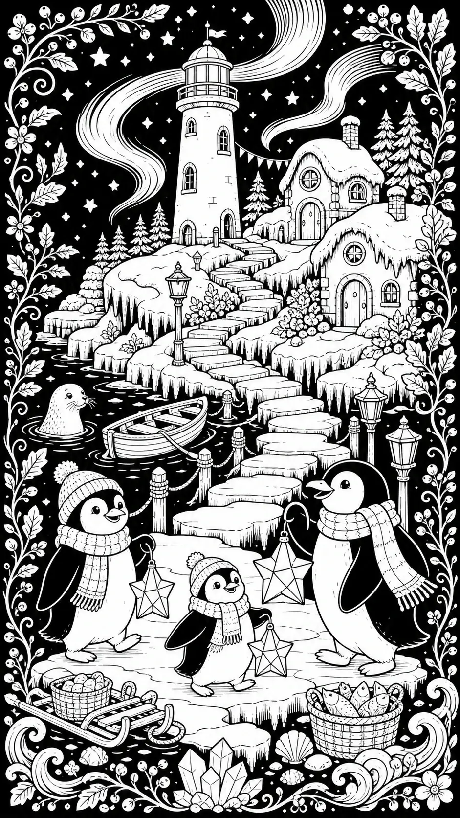 A black-and-white coloring page shows penguins in a snowy village with a lighthouse, houses, stars, and lanterns.