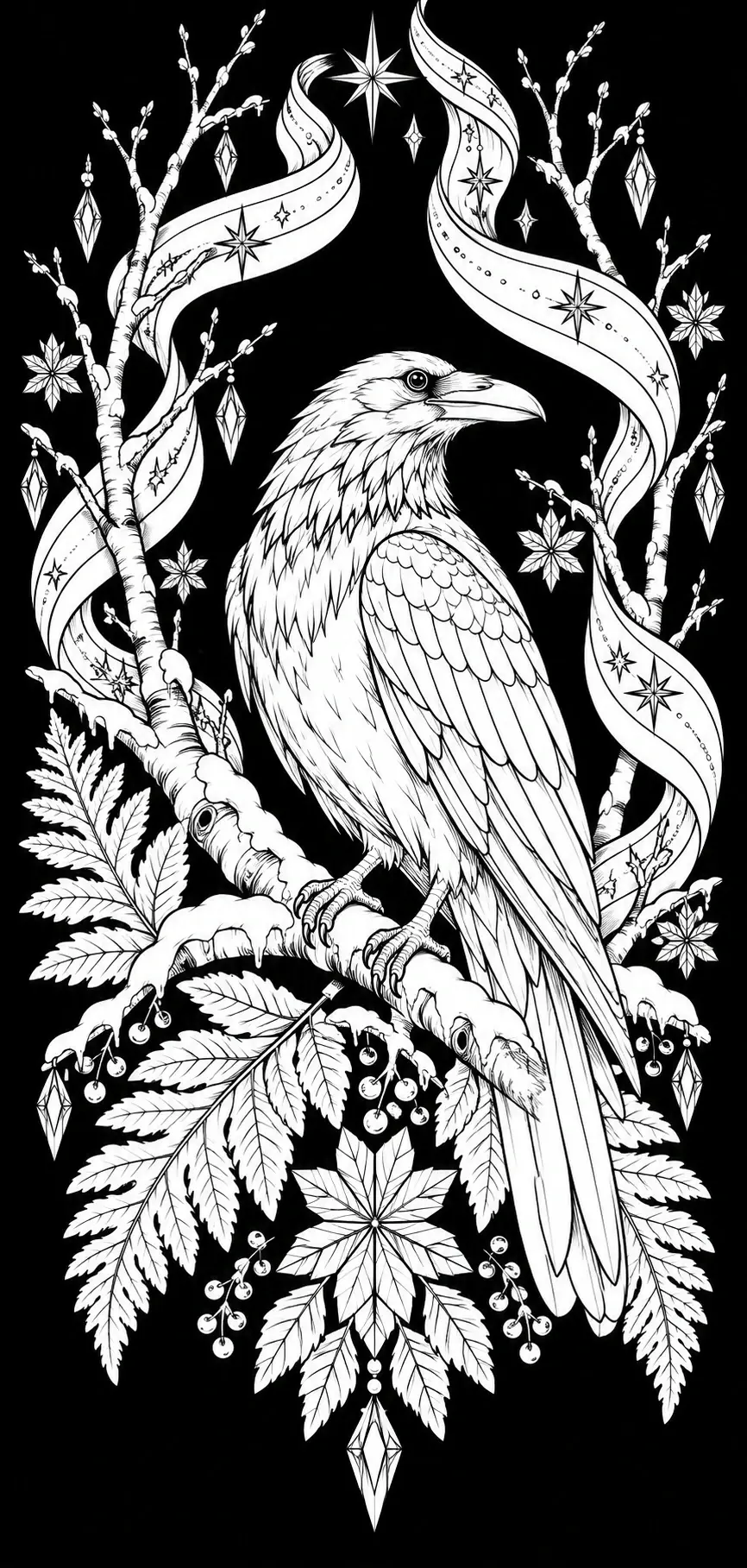 A detailed bird perches on a branch surrounded by leafy stems, berries, hanging gem shapes, and star-decorated ribbons in this coloring page.